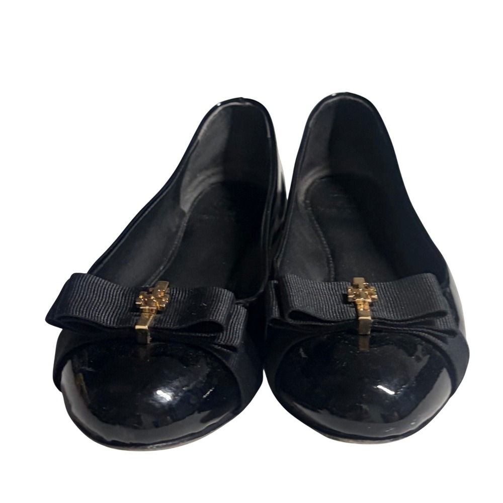 Tory Burch Caroline Black Patent Leather Bow Ballet Flats Gold Logo Size 5M